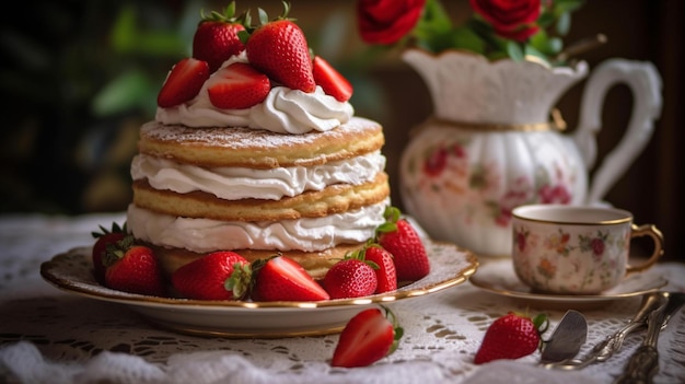 Fluffy Pancakes with Whipped Cream and Strawberries