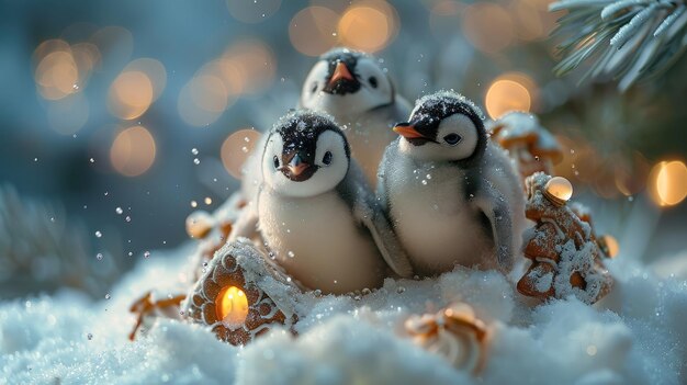 Photo fluffy penguin chicks in dreamy snow globe