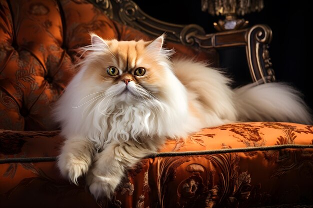 a fluffy Persian cat with its long luxurious coat reclining on a velvet cushion