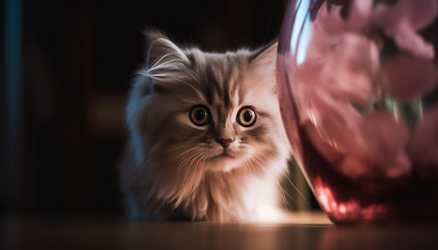 Fluffy Persian kitten staart met zachtheid schoonheid op tafel binnenshuis generatieve AI