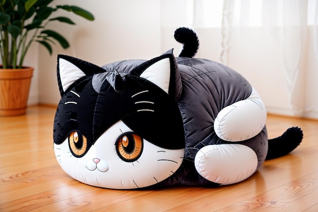 fluffy pillow in the shape of a kitten on the floor of a room