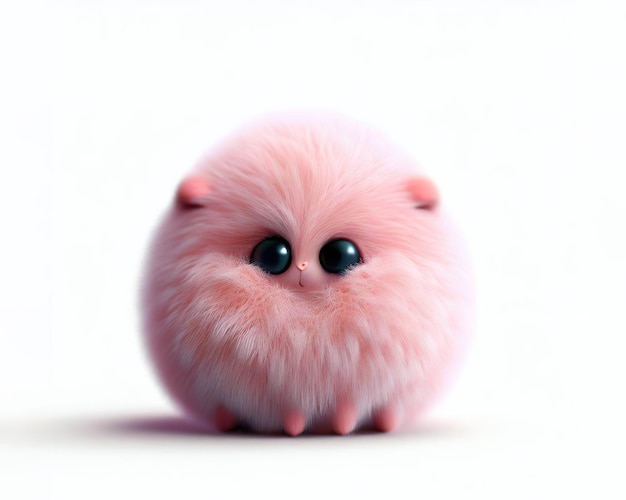 A fluffy pink ball with black eyes is sitting on a white surface.