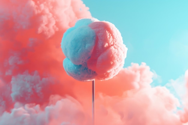 A fluffy pink and blue cloud with a stick in the middle