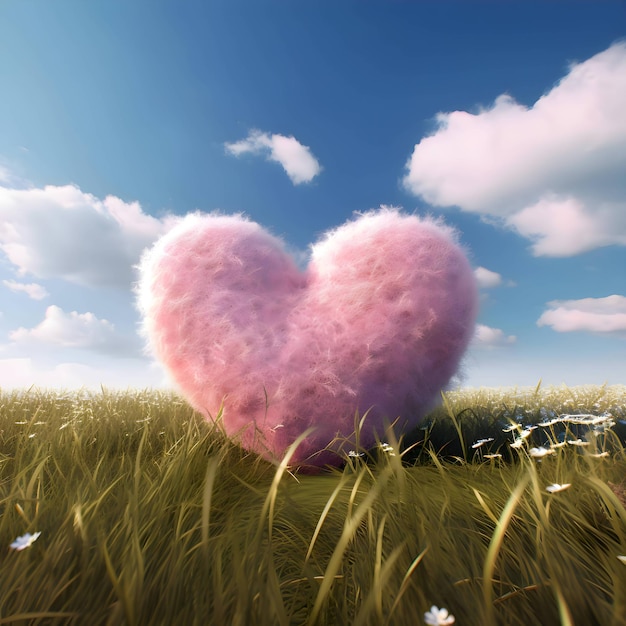 Fluffy pink heart on green grass against the sky