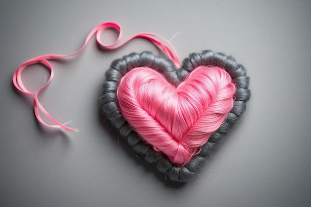 회색 배경에 은 분홍색 가닥 심장 손으로 만든 예쁜 심장 사랑 로맨스 발렌타인 데이 DIY 개념 선택적인 초점