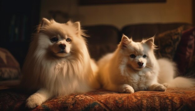 AIによって生成された快適なソファに座っているふわふわのポメラニアンの子犬