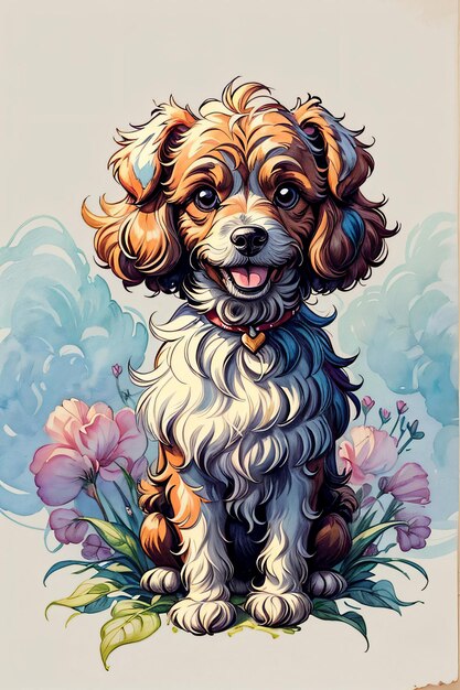 Fluffy Puddle Dog in Watercolor Style Illustration