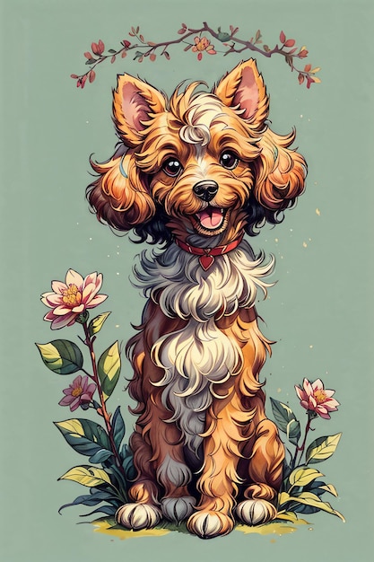 Fluffy Puddle Dog in Watercolor Style Illustration