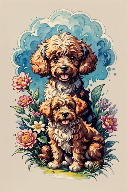 Fluffy Puddle Dogs in Watercolor Style Illustration