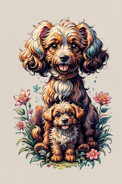 Fluffy Puddle Dogs in Watercolor Style Illustration