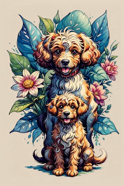 Fluffy Puddle Dogs in Watercolor Style Illustration