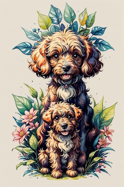 Fluffy Puddle Dogs in Watercolor Style Illustration