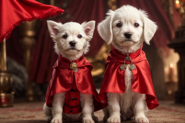 fluffy puppies in scarves on a bokeh background