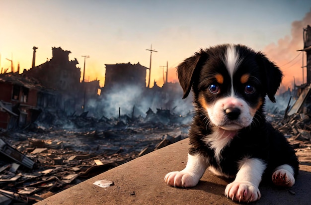 Fluffy puppy on background of ruined city after war Generative AI