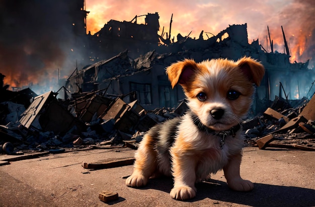 Fluffy puppy on background of ruined city after war Generative AI