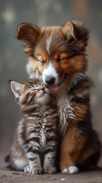 A Fluffy Puppy and Kitten Snuggle Together