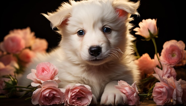 Fluffy puppy sitting looking at camera surrounded by pink flowers generated by artificial intellingence