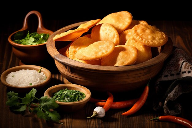 Fluffy puri bread served with spicy potato curry