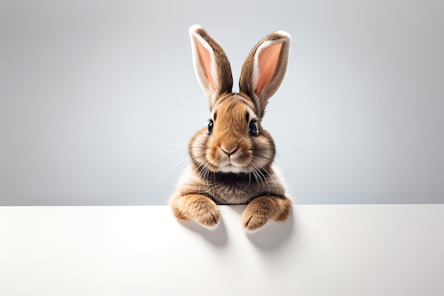 Fluffy rabbit looks at the sign easter bunny rabbit for advertising