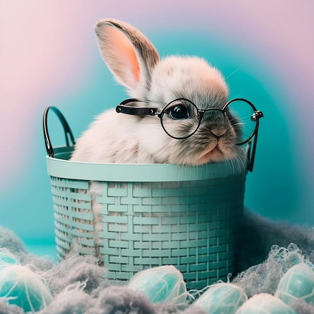 fluffy rabbit in Sesto verde water with glasses