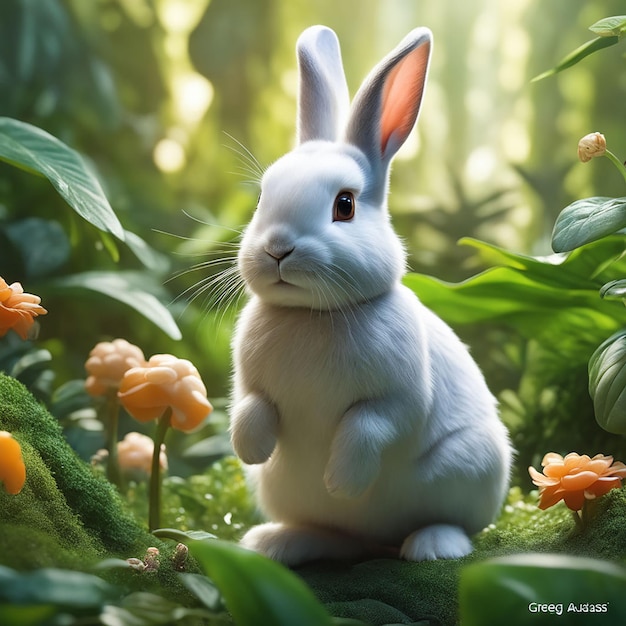 AI가 생성한 귀엽게 보이는 풀밭에 앉아 있는 푹신한 토끼
