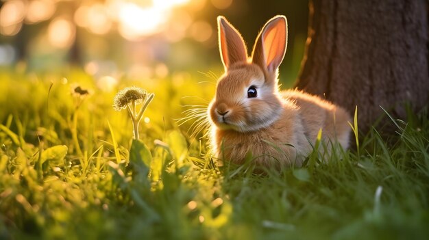 Fluffy rabbit sitting on green grass