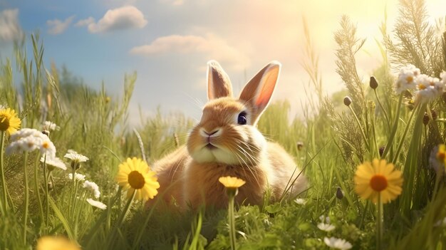 Fluffy rabbit sitting on green grass