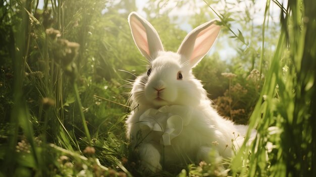 Fluffy rabbit sitting on green grass