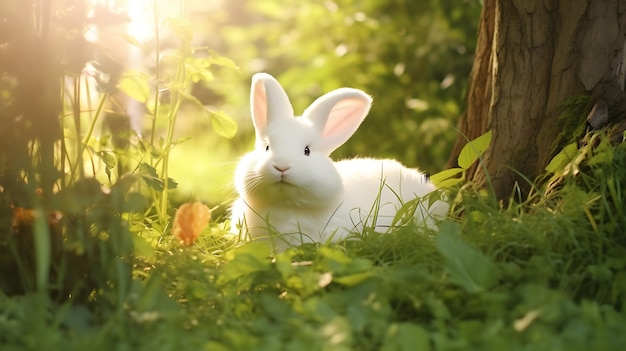 緑の草の上に座っているふわふわのウサギ