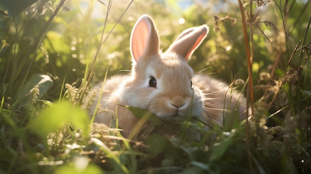 Fluffy rabbit sitting on green grass