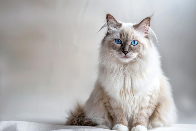 Fluffy ragdoll cat with blue eyes sitting on a light background