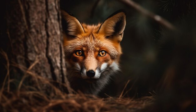 Fluffy red fox staring alert in nature generated by AI