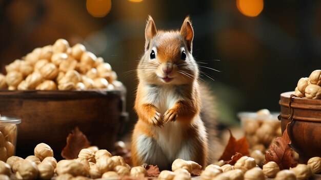 写真 座ってナッツを食べるふわふわのげっ歯類