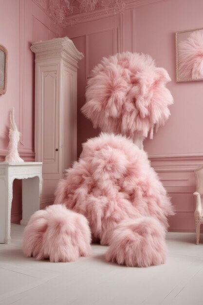 Fluffy roze kamerinstallatie Zachte harige ballen Daglichtverlichting Moderne ruimte gegenereerd met AI