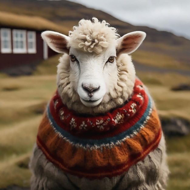 Fluffy sheep in traditional Icelandic sweater