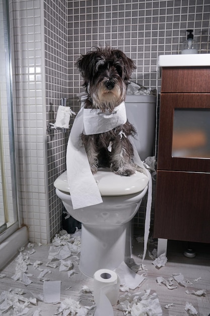 Fluffy small dog sitting on toilet and looking at camera with toilet paper wrapped around and pieces scattered on floor