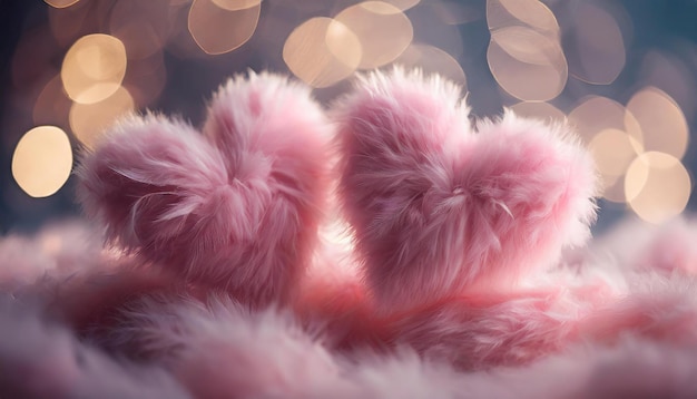 Photo fluffy and soft pink hearts with bokeh on background fur texture valentines day