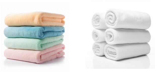 Fluffy spa towels rolled and stacked isolated on white background AI Generative