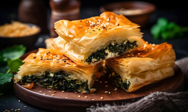 Fluffy spanakopita with spinach and feta cheese Generative AI