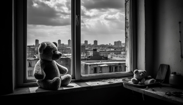 Fluffy teddy bear sitting on old table generated by AI