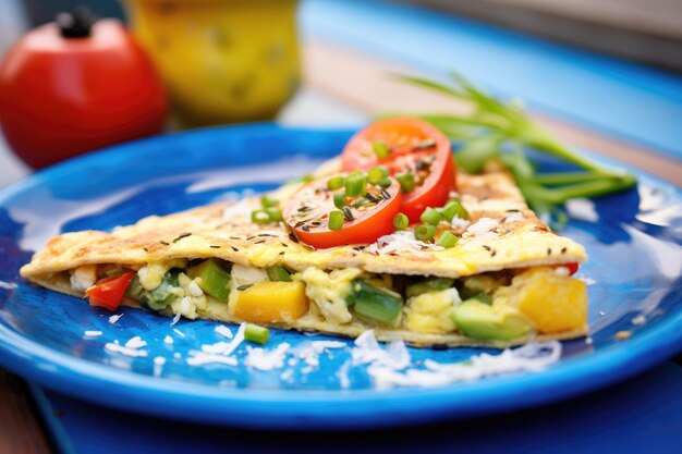 Fluffy veggie omelette with cheese oozing out on a blue plate