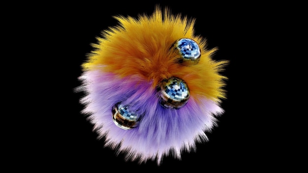 Photo fluffy violet yellow ball hairy background in trendy color futuristic monochrome hairy fluffy sphere