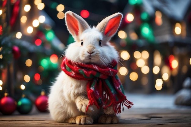 A fluffy white bunny with a red and green scarf sitting in a snowy Christmas village with twinkling