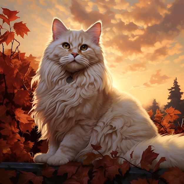 a fluffy white cat is sitting in the leaves of autumn trees