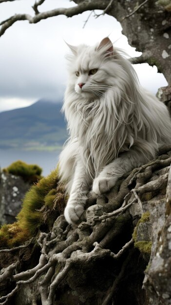 Photo a fluffy white cat sitting on a rock ai