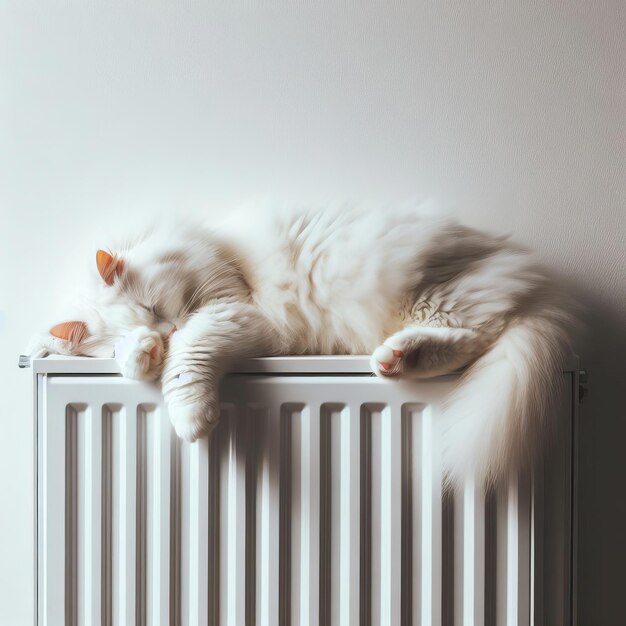 A fluffy white cat sleeping on a warm radiator in soft light