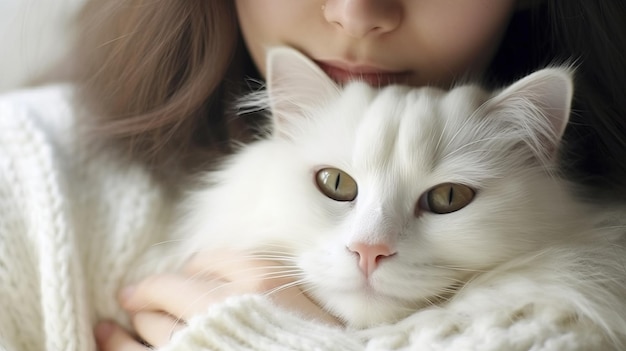 Сгенерированный искусственным интеллектом пушистый белый кот, обнимающийся со своим хозяином