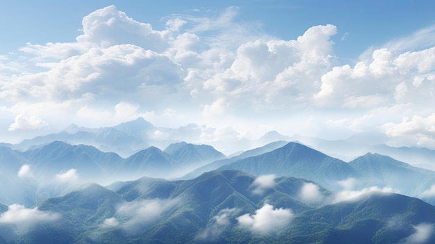 山 の 上 に ふわふわ な 白い 雲