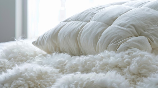 Photo fluffy white comforter on bed with window background