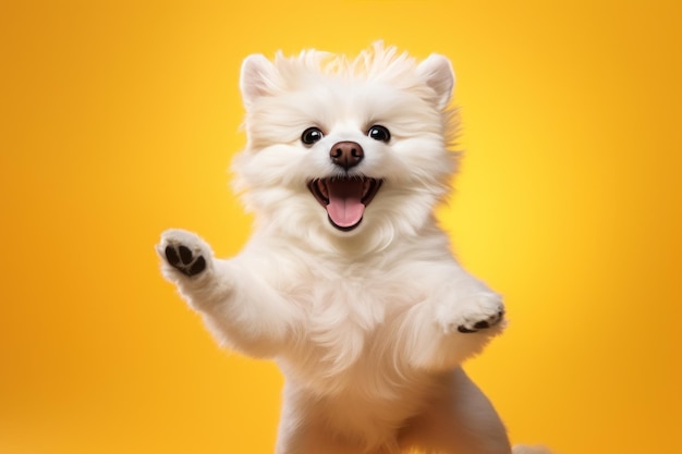 fluffy white dog jumping up on a yellow background